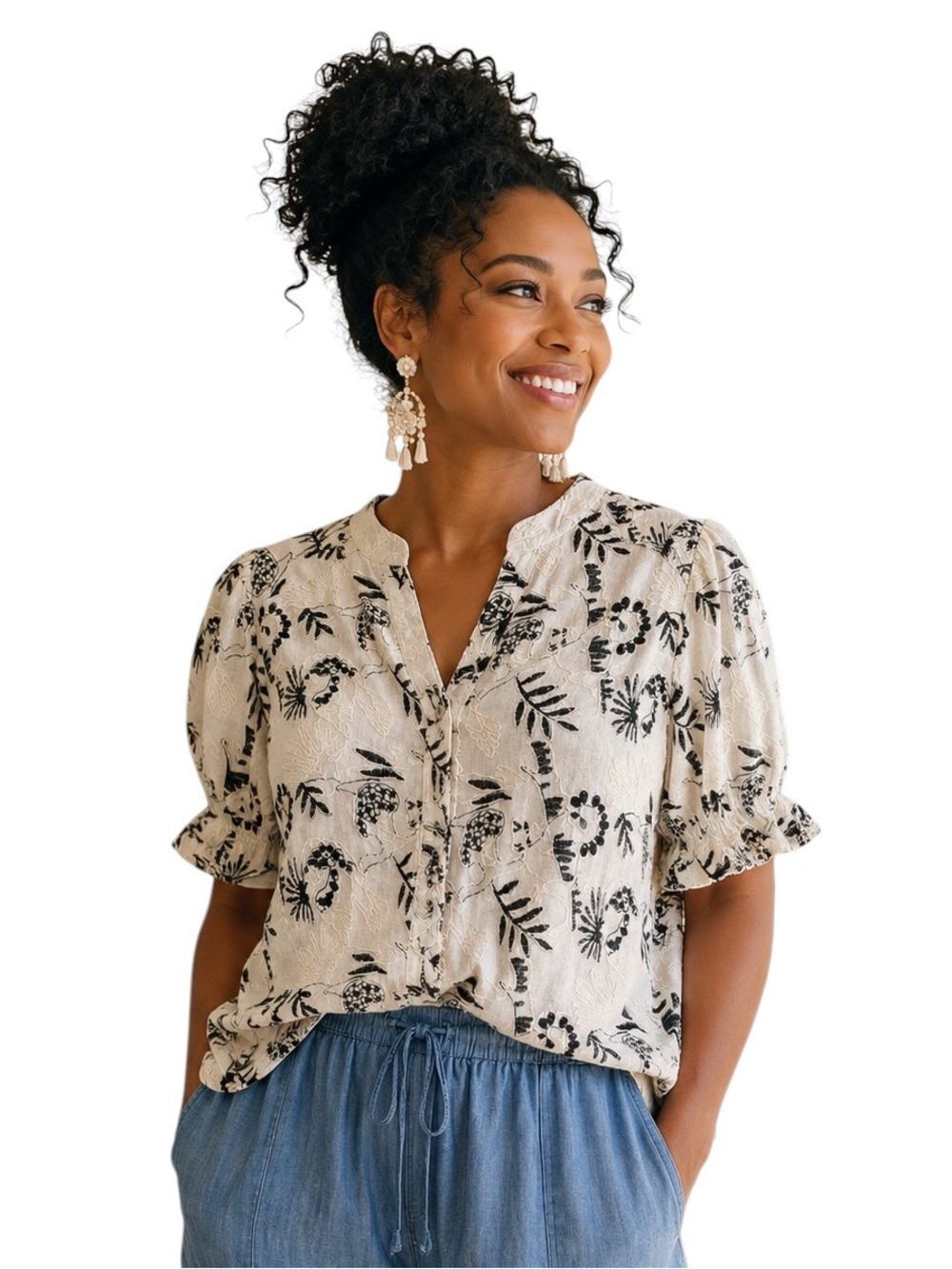 NANETTE LEPORE Floral Embroidered Lace Button Front Top Medium NWT